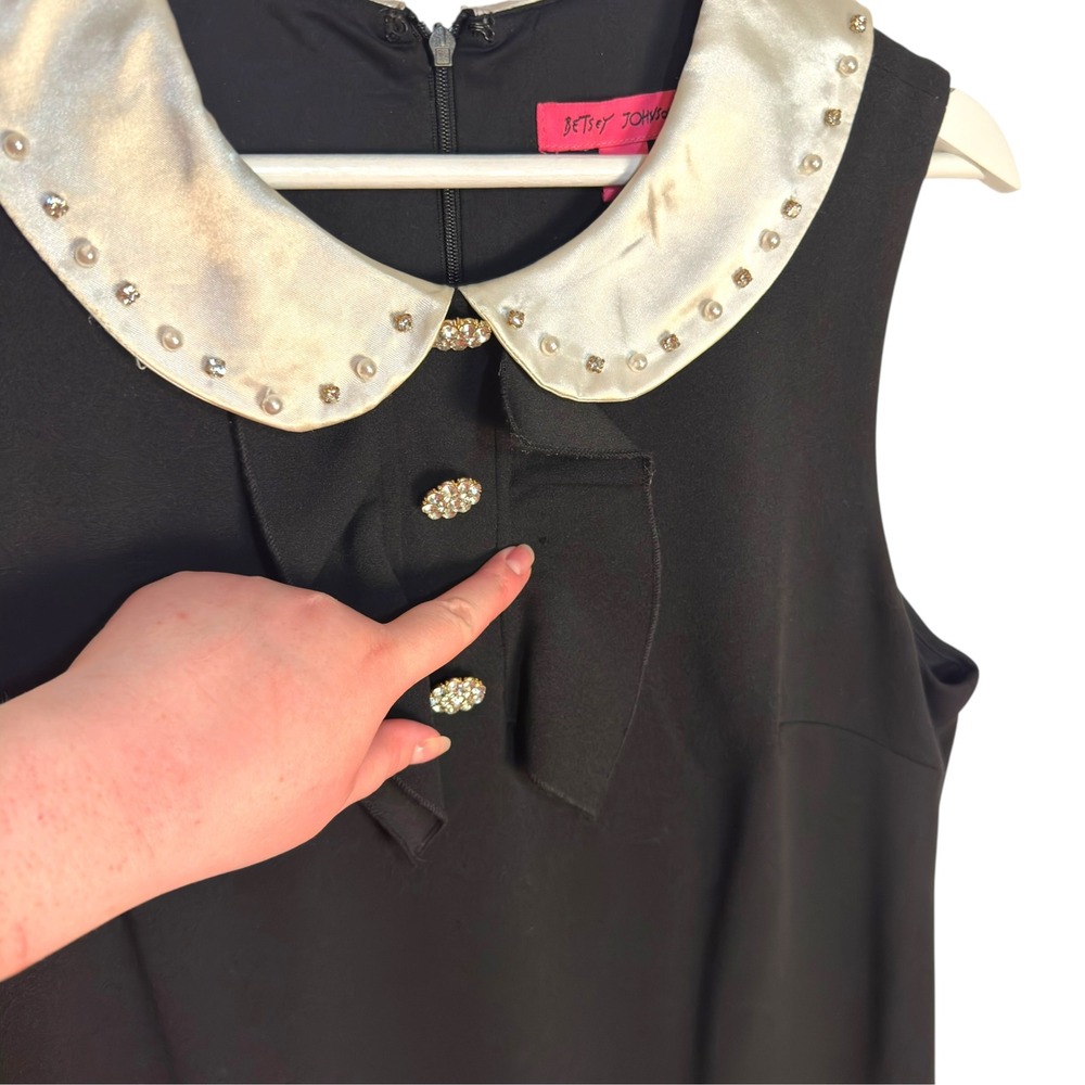 Betsey Johnson Shift Dress 10 Black Silver Rhinestone Collar Mod Retro Preppy - Picture 8 of 8